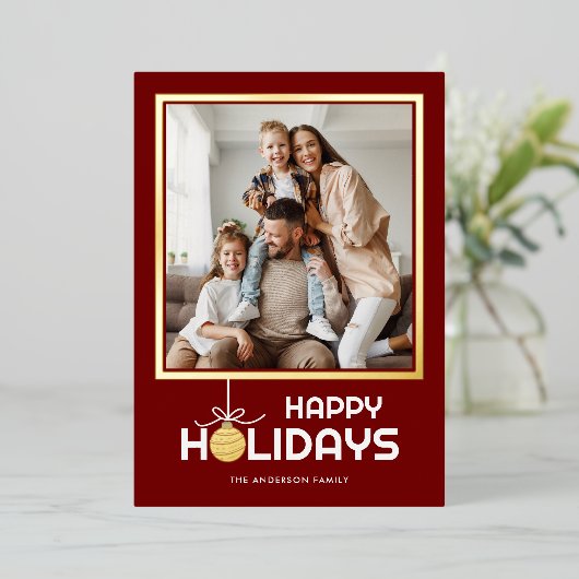 金ゴールドオーナメントハッピーホリデーズフォトクリスマス金ゴールド 箔シーズンカード (立ち正面)