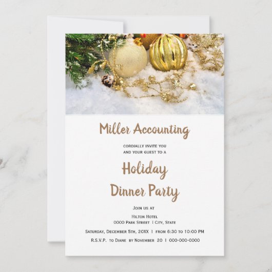 金ゴールドオーナメントビジネスクリスマスホリデーパーティー 招待状 (正面)