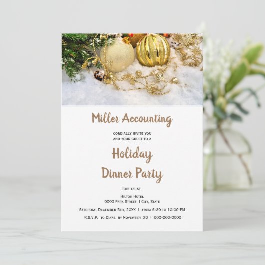 金ゴールドオーナメントビジネスクリスマスホリデーパーティー 招待状 (スタンド正面)
