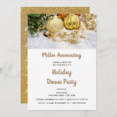 金ゴールドオーナメントビジネスクリスマスホリデーパーティー 招待状 (正面/裏面)