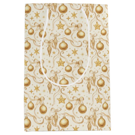 金ゴールドオーナメントボーズクリスマスホリデー ミディアムペーパーバッグ (正面)