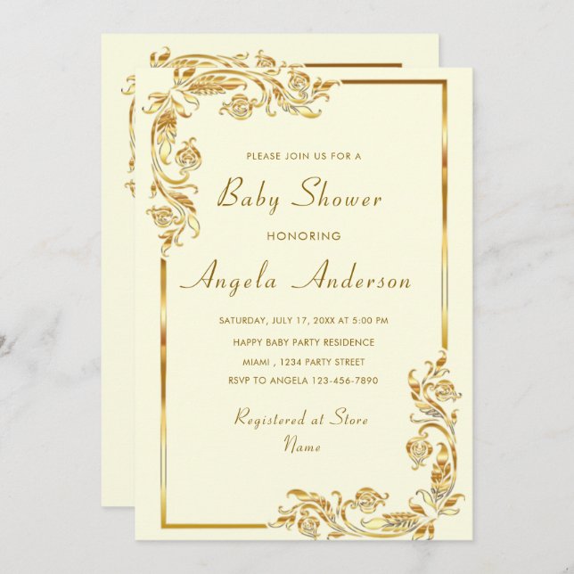 金ゴールドオーナメント額縁男の赤ちゃんシャワー招待状 (正面/裏面)
