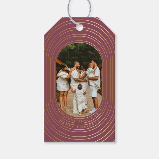 金ゴールドオーバルフレームカスタムフォトファミリークリスマス ギフトタグ (正面)