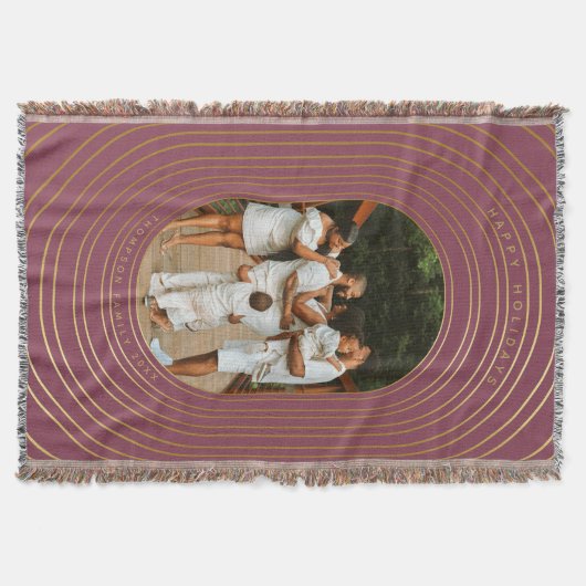 金ゴールドオーバルフレームカスタムフォトファミリークリスマス スローブランケット (正面)