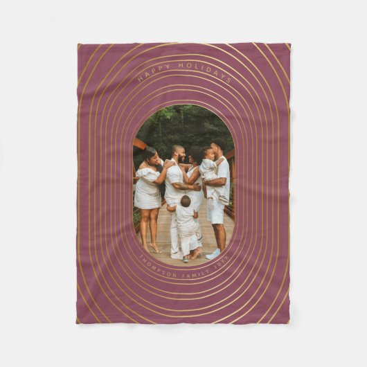 金ゴールドオーバルフレームカスタムフォトファミリークリスマス フリースブランケット (正面)