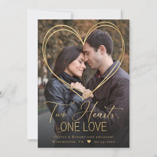 金ゴールドオーバーレイハート2写真婚約告知 案内状 (正面)