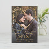 金ゴールドオーバーレイハート2写真婚約告知 案内状 (スタンド正面)