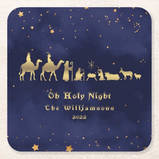 金ゴールドオーホーリーナイトクリスマカスタマイズス スクエアペーパーコースター (正面)