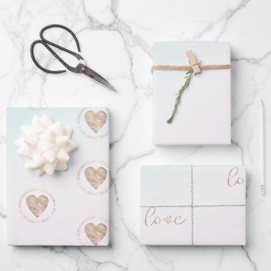 金ゴールドカインドリーラブピースハートアクアピンク絞り染め ラッピングペーパーシート (正面)