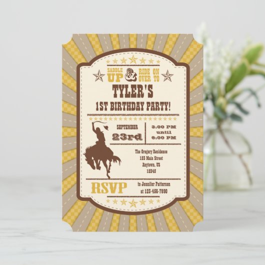 金ゴールドカウボーイロデオ誕生日パーティーの招待 招待状 (スタンド正面)