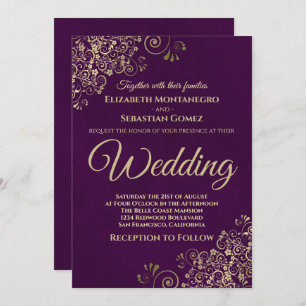 金ゴールドカシンプルルズエレガントシックプラム結婚パープル 招待状