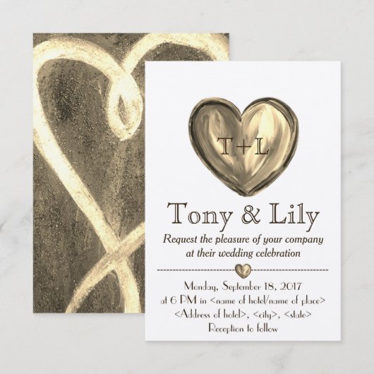 金ゴールドカスタマイズ可能なハート結婚式招待状RSVP 招待状 (正面/裏面)