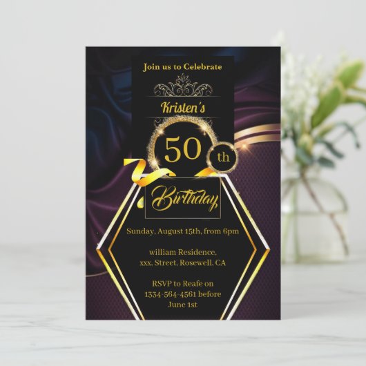 金ゴールドカスタムとパープル誕生日招待状 招待状 (スタンド正面)