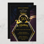 金ゴールドカスタムとパープル誕生日招待状 招待状 (正面/裏面)