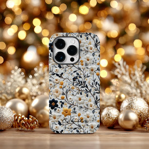 金ゴールドカスタムと海軍の刺繍フローラとメッセージ Case-Mate iPhone 14 PROケース