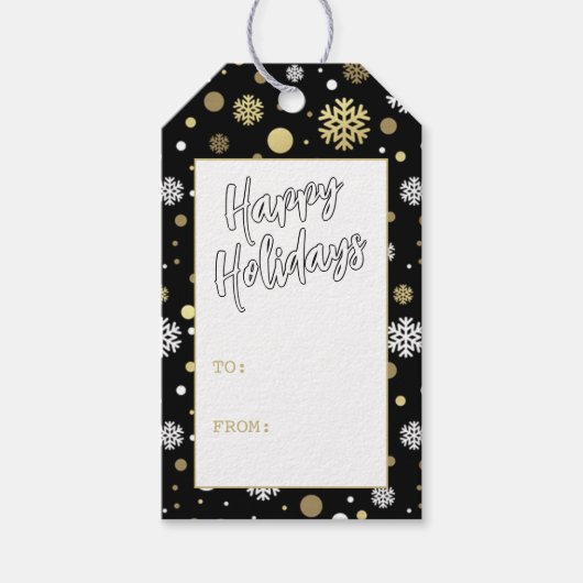 金ゴールドカスタムの白い雪の水玉模様オンブラック ギフトタグ (正面)