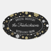 金ゴールドカスタムの白い雪の水玉模様オンブラック 楕円形シール (正面)