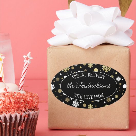 金ゴールドカスタムの白い雪の水玉模様オンブラック 楕円形シール (パーティー)