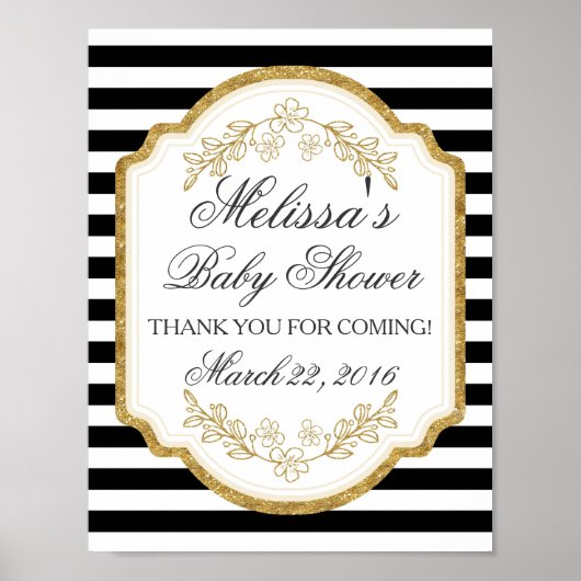金ゴールドカスタムの赤ちゃんシャワーのサイン、黒いシャワー、ウェルカムポスター ポスター (正面)