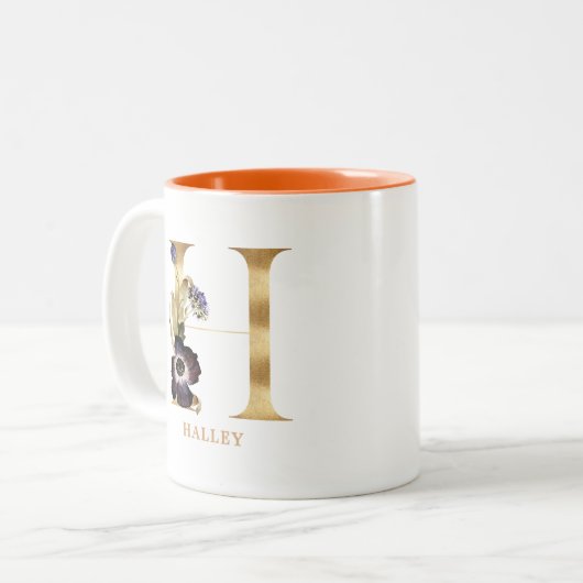 金ゴールドカスタムアルファベットHモノグラム |秋のフローラ ツートーンマグカップ (正面左)