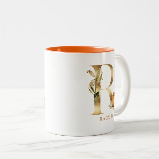 金ゴールドカスタムアルファベットRモノグラム |カボチャフローラ ツートーンマグカップ (正面右)