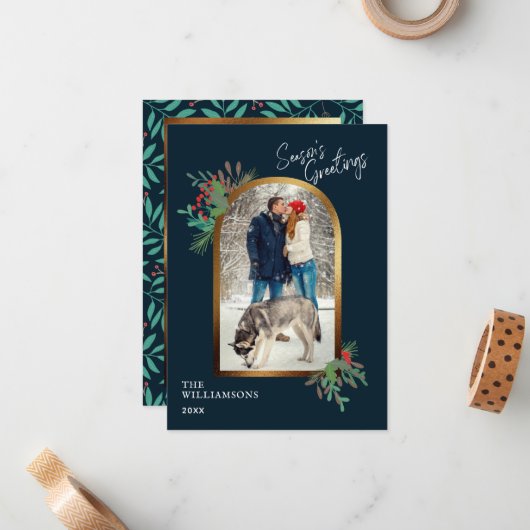 金ゴールドカスタムアーチ写真植物学季節のごあいさつ ノートカード (正面/裏面インサイチュ)