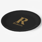 金ゴールドカスタムイニシャル/最初/ファミリ名（黒） ペーパープレート (アングル)