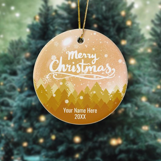 金ゴールドカスタムクリスタルスノー&フォレストメリークリスマス セラミックオーナメント