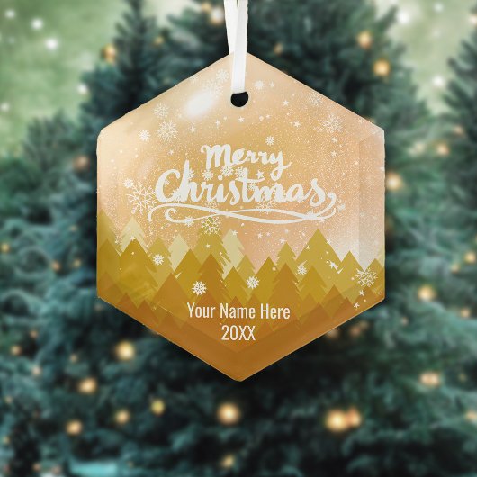 金ゴールドカスタムクリスタル雪の森メリークリスマス ガラスオーナメント