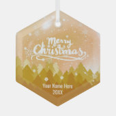 金ゴールドカスタムクリスタル雪の森メリークリスマス ガラスオーナメント (正面)