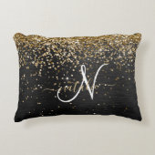 金ゴールドカスタムグリッターブラックスパークルモノグラム アクセントクッション (正面)