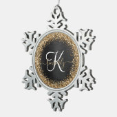 金ゴールドカスタムグリッターブラックスパークルモノグラム スノーフレークピューターオーナメント (右)