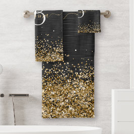 金ゴールドカスタムグリッターブラックスパークルモノグラム バスタオルセット