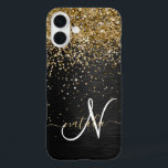 金ゴールドカスタムグリッターブラックスパークルモノグラム iPhone 16 PLUSケース<br><div class="desc">ブラックのブラシ付きエレガントメタリック背景に金ゴールドかわいらしグリッターを搭載したトレンディーの電話ケースきらめくデザインを簡単にパーソナライズ。</div>