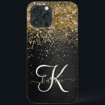 金ゴールドカスタムグリッターブラックスパークルモノグラム iPhone 13 PRO MAXケース<br><div class="desc">ブラックのブラシ付きエレガントメタリック背景に金ゴールドかわいらしグリッターを搭載したトレンディーの電話ケースきらめくデザインを簡単にパーソナライズ。</div>
