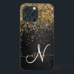 金ゴールドカスタムグリッターブラックスパークルモノグラム iPhone 13 PROケース<br><div class="desc">ブラックのブラシ付きエレガントメタリック背景に金ゴールドかわいらしグリッターを搭載したトレンディーの電話ケースきらめくデザインを簡単にパーソナライズ。</div>
