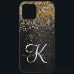 金ゴールドカスタムグリッターブラックスパークルモノグラム iPhone 12 PRO MAXケース<br><div class="desc">ブラックのブラシ付きエレガントメタリック背景に金ゴールドかわいらしグリッターを搭載したトレンディーの電話ケースきらめくデザインを簡単にパーソナライズ。</div>
