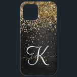 金ゴールドカスタムグリッターブラックスパークルモノグラム iPhone 12 PRO MAXケース<br><div class="desc">ブラックのブラシ付きエレガントメタリック背景に金ゴールドかわいらしグリッターを搭載したトレンディーの電話ケースきらめくデザインを簡単にパーソナライズ。</div>
