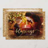 金ゴールドカスタムグリッター恵み写真クリスマス シーズンカード (正面/裏面)