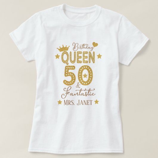 金ゴールドカスタムグリッター50th誕生日クイーンウィメンズ tシャツ (デザイン正面)