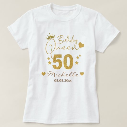 金ゴールドカスタムグリッター50th誕生日クイーンウィメンズ tシャツ (デザイン正面)