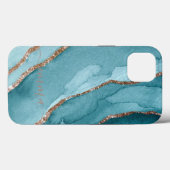 金ゴールドカスタムティール(緑がかった色)ブルーマーブルセル電話11 12 Max Case-Mate iPhoneケース (裏面 (横))