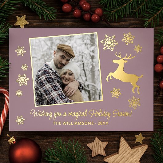 金ゴールドカスタムディアー&スノーフレークオンマウブピンク 箔シーズンカード