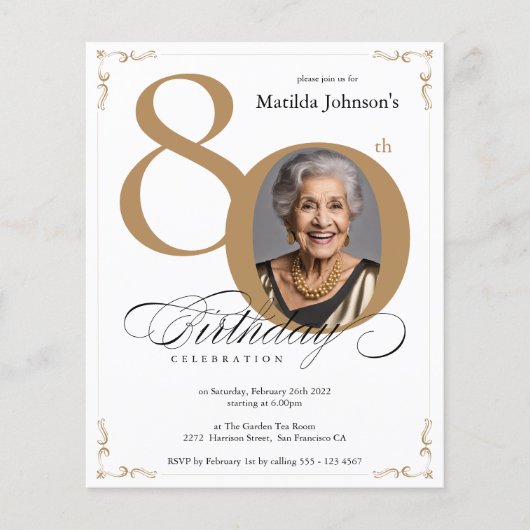 金ゴールドカスタムフォトバジェット80誕生日招待状 (正面)