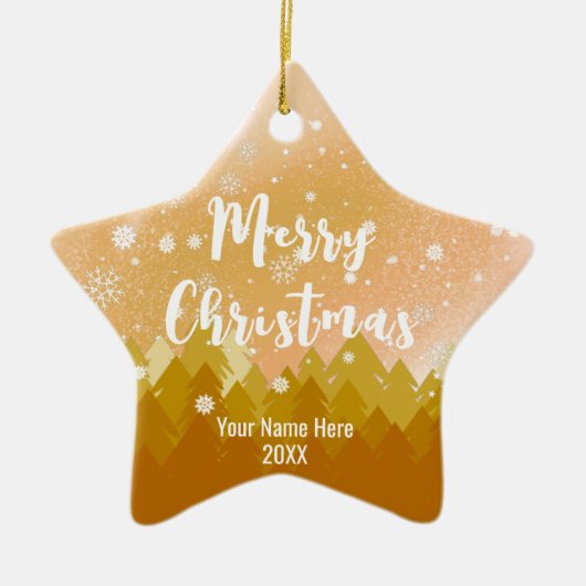 金ゴールドカスタムブラウンスノーフォレストクリスマススター セラミックオーナメント (正面)