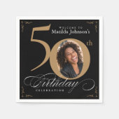 金ゴールドカスタムブラック写真第50回バースデーパーティー スタンダードカクテルナプキン (正面)