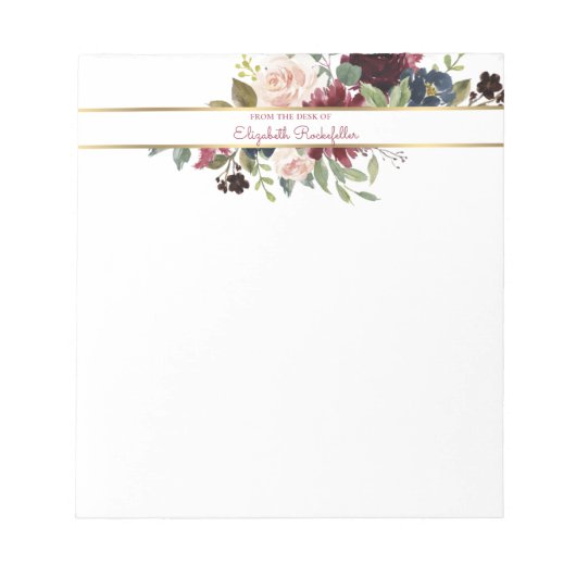 金ゴールドカスタムブルゴーニュ海軍ボーホーフローラブーケ ノートパッド (正面)