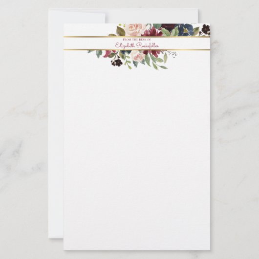 金ゴールドカスタムブルゴーニュ海軍ボーホーフローラブーケ 便箋 (正面)