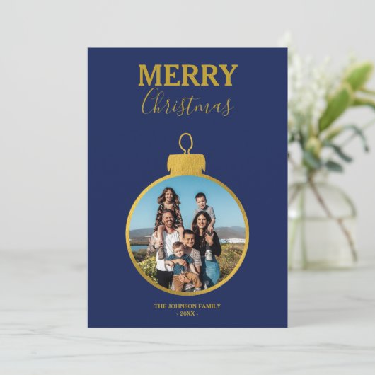 金ゴールドカスタムブルー写真オーナメントクリスマス シーズンカード (スタンド正面)