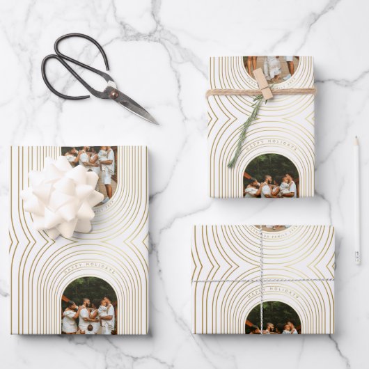 金ゴールドカスタムホワイト写真家族クリスマス ラッピングペーパーシート (正面)